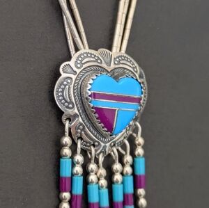(SOLD) QT Sterling Silver Heart Inlay Necklace Liquid Silver Turquoise